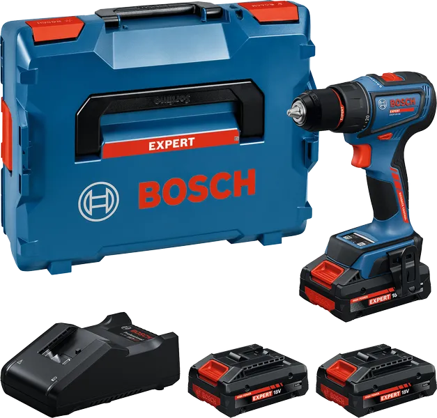 Bosch akku-boremaskinesæt med tre 18V-batterier.